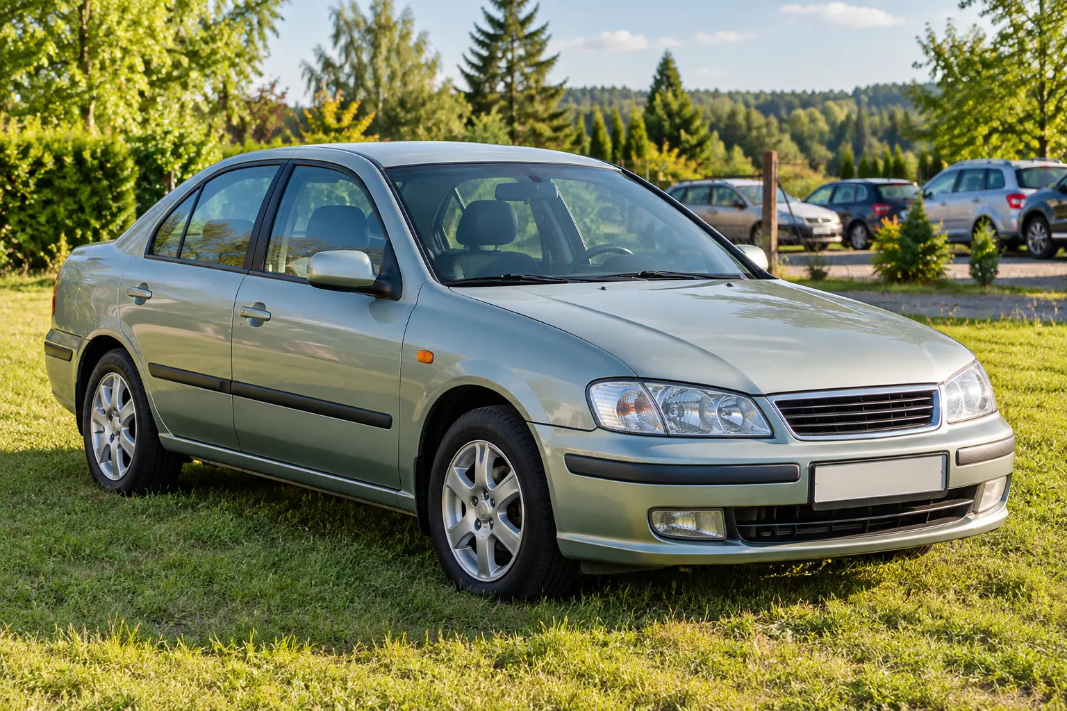 Starszy sedan na trawie przy placu